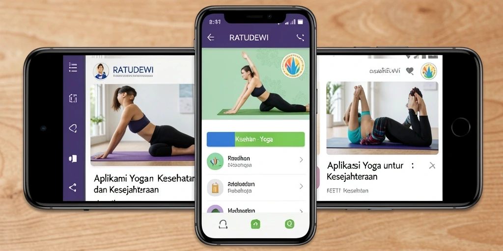 Antarmuka aplikasi RATUDEWI menampilkan berbagai sesi yoga dan instruktur.